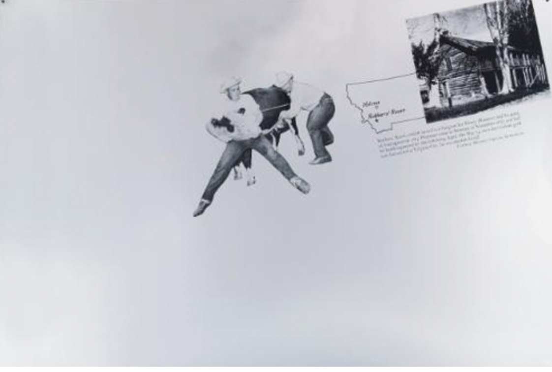 Artwork featuring two men wrangling a cow and an outline of the state of Montana.