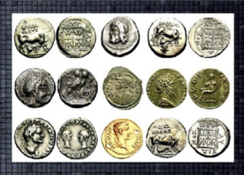 An array of ancient coins.