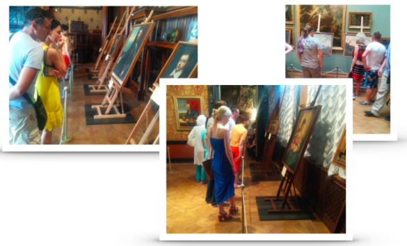 Collage of three images of people viewing paintings