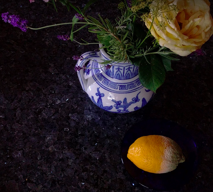 photograph of flower and a rotting lemon