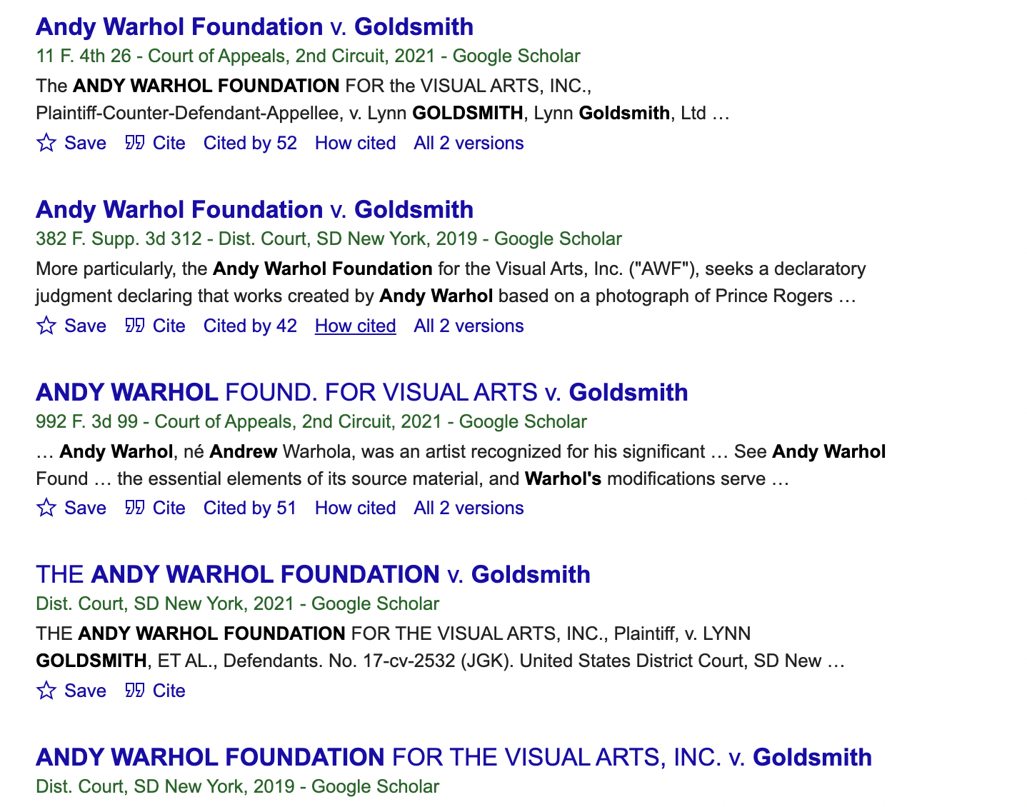 Screen shot from Google scholar of different Warhol cases